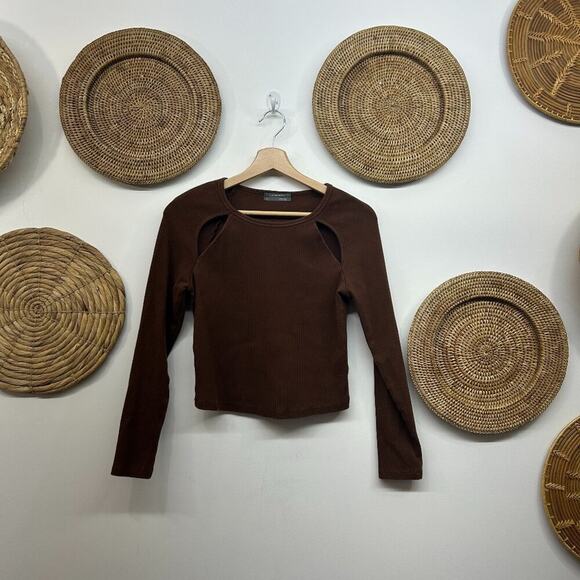 Anthropologie Neutral Brown Minimalist Ribbed Cut Out Long Sleeve Top Small - Picture 2 of 7